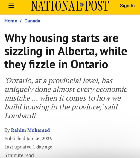 National Post: Why housing starts are sizzling in Alberta while they fizzle in Ontario